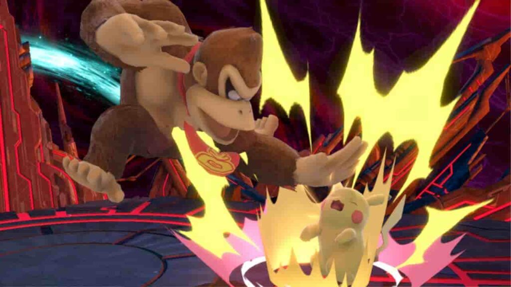 スマブラでドンキーコングがピカチュウに下Bを当てている