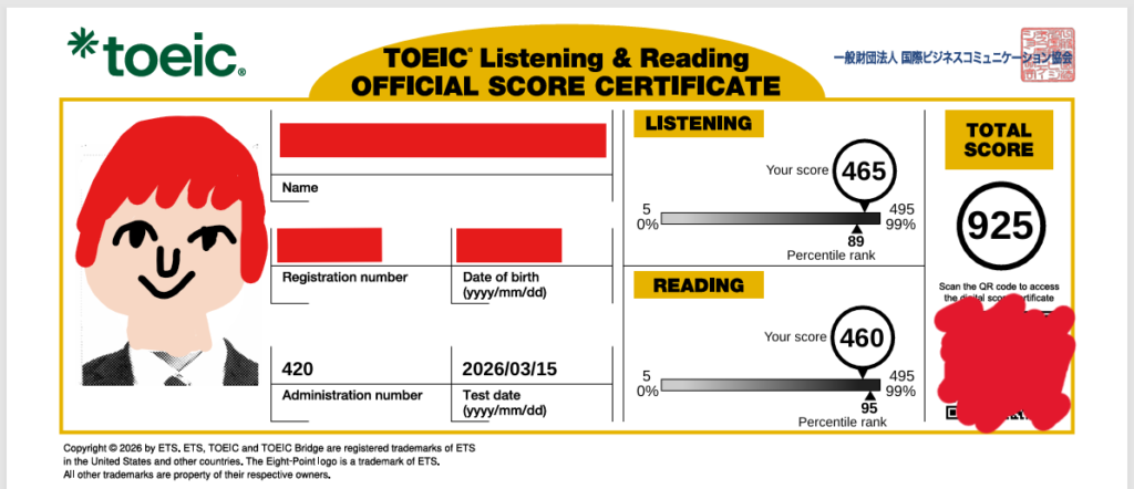 TOEICスコアシート。925点で過去最高得点だった。